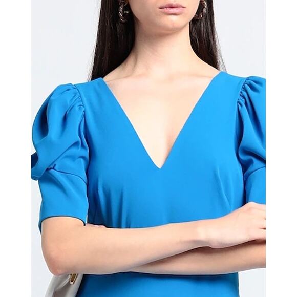 Badgley Mischka Odessa Split Front Crepe Gown V-Neck Puff Sleeves Blue Size 0 - Picture 3 of 15